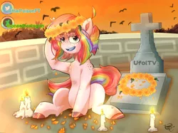 Size: 4006x3004 | Tagged: safe, artist:littlepoisonella, artist:monsethewogon, derpibooru import, oc, unofficial characters only, pony, candle, cempasúchil, dia de los muertos, female, floral head wreath, flower, grave, hooves, image, png, tomb