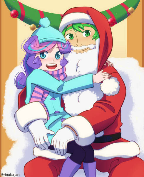 Size: 808x989 | Tagged: safe, artist:riouku, derpibooru import, princess flurry heart, spike, human, christmas, clothes, commission, costume, fake beard, holiday, hug, humanized, image, jpeg, santa costume, uncle spike, winter outfit