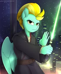 Size: 4500x5500 | Tagged: safe, artist:felixf, derpibooru import, lightning dust, anthro, pegasus, pony, background pony, crossover, female, image, jedi, jedi knight, lightsaber, png, star wars, weapon