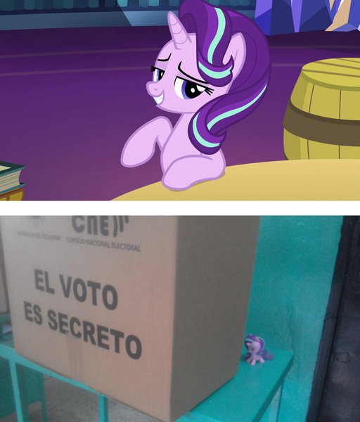 Size: 1918x2248 | Tagged: safe, derpibooru import, screencap, starlight glimmer, pony, uncommon bond, cutie mark crew, ecuador, election, image, irl, jpeg, mcdonald's, mcdonald's happy meal toys, photo, ponies in real life, spanish, toy, vote