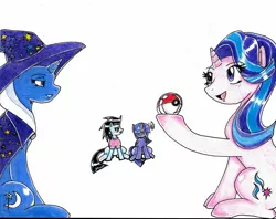 Size: 2143x1694 | Tagged: safe, artist:haruka takahashi, derpibooru import, starlight glimmer, trixie, twilight sparkle, oc, oc:haruka takahashi, earth pony, pony, no second prances, image, jpeg, pokéball, pokémon, sitting, smiling, traditional art