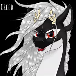 Size: 1080x1080 | Tagged: safe, artist:creed larsen, derpibooru import, oc, original species, pony, caption, fangs, image, image macro, jpeg, long mane, open mouth, pearl horns, sea creature, simple background, text