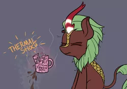 Size: 1779x1260 | Tagged: safe, artist:pinkberry, derpibooru import, cinder glow, summer flare, kirin, broken glass, coffee, coffee mug, dead inside, eyes closed, female, glowing horn, horn, image, magic, mug, png, regret, solo, spilled drink, steam, thermal shock, this will end in nirik, tired