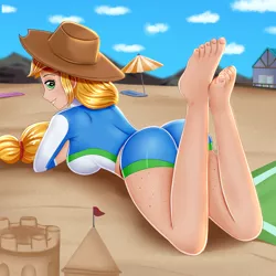 Size: 2000x2000 | Tagged: suggestive, artist:focusb, derpibooru import, applejack, equestria girls, applebutt, applejack's beach shorts swimsuit, applejack's hat, ass, barefoot, beach, beach babe, beach shorts swimsuit, body freckles, breasts, busty applejack, butt, clothes, cowboy hat, feet, female, freckles, hat, human coloration, image, looking at you, looking back, looking back at you, png, sand, solo, stetson, swimsuit, the pose