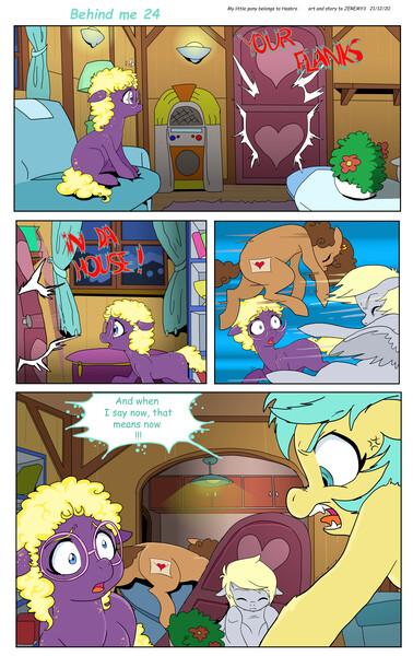 Size: 5725x9077 | Tagged: safe, artist:jeremy3, derpibooru import, derpy hooves, sunshower raindrops, oc, oc:trissie, oc:valentine, earth pony, pegasus, pony, comic:behind me, alternate universe, comic, couch, image, jpeg, jukebox, plant