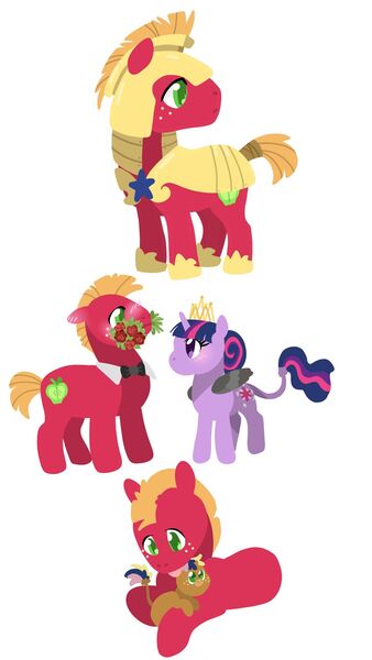 Size: 1280x2270 | Tagged: safe, artist:sandieapple, derpibooru import, big macintosh, twilight sparkle, twilight sparkle (alicorn), oc, oc:galactic crisp apple, alicorn, earth pony, pony, unicorn, armor, blushing, bouquet, bowtie, colt, father and child, father and son, female, flower, image, jpeg, leonine tail, male, mouth hold, new crown, offspring, parent:big macintosh, parent:twilight sparkle, parents:twimac, royal guard armor, shipping, simple background, straight, twimac, white background