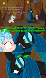 Size: 2000x3373 | Tagged: safe, derpibooru import, edit, edited screencap, screencap, cozy glow, mean twilight sparkle, queen chrysalis, changeling, pegasus, pony, frenemies (episode), angry, boop, bow, caption, cats don't dance, comic, duo, evil lair, fangs, female, filly, former queen chrysalis, freckles, golly, gritted teeth, grogar's lair, image, image macro, lair, log, movie reference, nose wrinkle, noseboop, open mouth, png, screencap comic, smiling, surprised, text, torch, twilog, wide eyes, wood, yelling