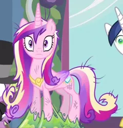Size: 916x955 | Tagged: safe, derpibooru import, screencap, princess cadance, shining armor, spike, alicorn, pony, a canterlot wedding, changeling slime, cropped, dirty, female, hypnosis, hypnotized, image, mare, messy mane, png, scratches, slime, solo focus, stuck