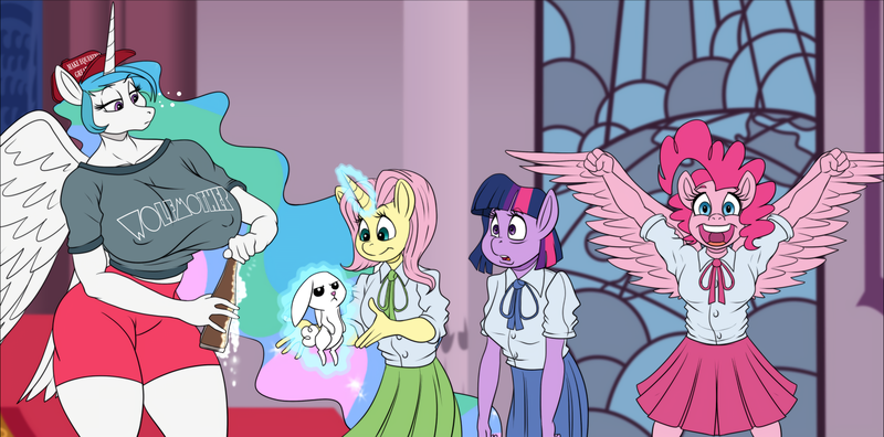 Size: 1768x875 | Tagged: safe, alternate version, artist:atariboy2600, derpibooru import, angel bunny, fluttershy, pinkie pie, princess celestia, anthro, earth pony, pegasus, rabbit, comic:my little toyetic, alcohol, animal, baseball cap, beer, beer bottle, big breasts, bottle, breasts, busty princess celestia, cap, cheering, clothes, comic, :d, downgrade, earth pony twilight, female, glowing horn, grumpy, hat, horn, huge breasts, image, indoors, levitation, maga hat, magic, make equestria great again, :o, open mouth, pegasus pinkie pie, png, race swap, skirt, smiling, spread wings, surprised, telekinesis, textless version, unicorn fluttershy, wide eyes, wings