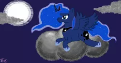 Size: 1054x550 | Tagged: safe, artist:maverickmam, derpibooru import, princess luna, alicorn, pony, cloud, ethereal mane, female, full moon, hoof shoes, image, jewelry, lying down, mare, moon, on a cloud, peytral, png, prone, signature, solo, starry mane, tiara