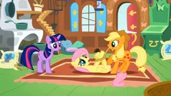 Size: 1920x1080 | Tagged: safe, derpibooru import, screencap, applejack, fluttershy, twilight sparkle, earth pony, pegasus, pony, unicorn, the return of harmony, bondage, context is for the weak, hogtied, image, lying down, mouth hold, on back, out of context, png, rope, unicorn twilight