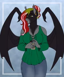 Size: 2400x2900 | Tagged: safe, artist:hasana-chan, derpibooru import, oc, oc:caroline grind, unofficial characters only, anthro, bat pony, pony, unguligrade anthro, anthro oc, bat pony oc, bat wings, beauty mark, clothes, coffee, commission, digital art, ear piercing, earring, fangs, female, grandmother, hair bun, image, jewelry, mare, pants, piercing, png, pondering, sad, shirt, signature, slit eyes, wings