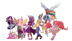 Size: 5080x2920 | Tagged: safe, artist:miffxn, derpibooru import, angel bunny, applejack, fluttershy, pinkie pie, rainbow dash, rarity, twilight sparkle, bird, human, owl, rabbit, abs, alicorn humanization, alternate hairstyle, animal, apple, applejack's hat, apron, armpits, belly button, belt, boots, breasts, cake, chubby, clothes, converse, cowboy boots, cowboy hat, cutie mark tattoo, dark skin, dress, eared humanization, ear piercing, earring, eyeshadow, feet, female, fishnets, flying, food, grin, hat, high heels, hoodie, horn, horned humanization, humanized, image, jeans, jewelry, leonine tail, lipstick, makeup, male, mane six, nail polish, necklace, pants, piercing, plate, png, sandals, see-through, shoes, shorts, simple background, smiling, socks, spoon, sports bra, sports shorts, stockings, strawberry, striped socks, suspenders, tailed humanization, tanktop, tattoo, thigh highs, transparent background, wall of tags, winged humanization, wings