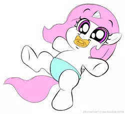 Size: 482x438 | Tagged: safe, artist:banebuster, derpibooru import, princess celestia, alicorn, pony, series:tiny tia, baby, baby pony, cewestia, cute, cutelestia, diaper, female, filly, image, jpeg, pacifier, pink mane, simple background, solo, white background, younger