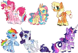 Size: 1280x869 | Tagged: safe, artist:sugarbuck, derpibooru import, applejack, fluttershy, pinkie pie, rainbow dash, rarity, twilight sparkle, twilight sparkle (alicorn), alicorn, bat pony, classical unicorn, earth pony, pegasus, pony, unicorn, alternate design, bat ponified, cloven hooves, female, flutterbat, hatless, image, leonine tail, mane six, mare, missing accessory, obtrusive watermark, png, race swap, redesign, twitterina design, unshorn fetlocks, watermark