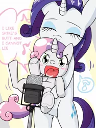 Size: 768x1024 | Tagged: safe, artist:batipin, derpibooru import, edit, rarity, sweetie belle, pony, unicorn, blushing, carrying, female, holding a pony, image, implied shipping, implied spike, implied spikebelle, implied straight, jpeg, karaoke, microphone, siblings, singing, sisters, size difference, strategically covered