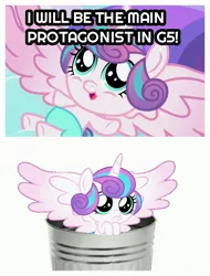 Size: 2522x3326 | Tagged: semi-grimdark, derpibooru import, princess flurry heart, alicorn, pony, 1000 hours in ms paint, abuse, baby, baby pony, diaper, female, flurrybuse, g5, image, into the trash it goes, jpeg, op is a duck, op is trying to start shit, open mouth, simple background, solo, trash can, white background