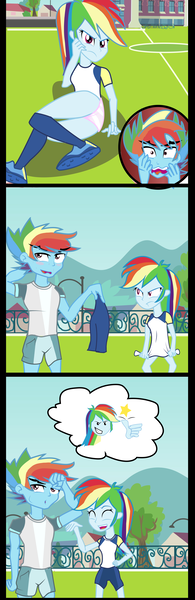 Size: 3267x10039 | Tagged: suggestive, artist:urhangrzerg, derpibooru import, rainbow dash, comic:boys vs girls "soccer duel", equestria girls, angry, blushing, butt, canterlot high, clothes, comic, covering, embarrassed, embarrassed underwear exposure, equestria guys, female, image, male, panties, pink underwear, png, rainbow blitz, rainbutt dash, rule 63, shoes, soccer shoes, striped underwear, underwear