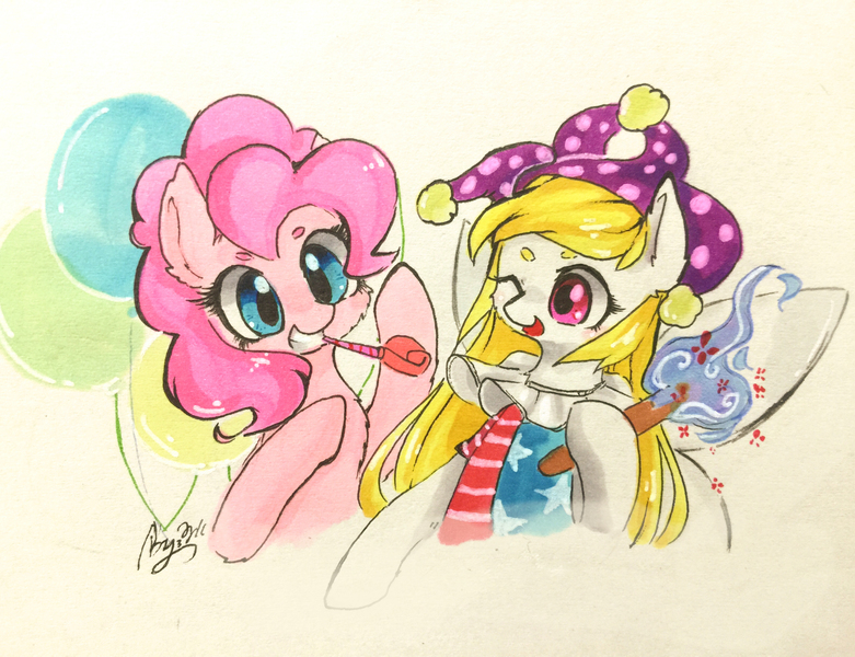 Size: 2389x1836 | Tagged: safe, artist:狄优优, derpibooru import, pinkie pie, ponified, earth pony, fairy, fairy pony, original species, pony, clownpiece, crossover, duo, fairy wings, female, hat, image, jester hat, jpeg, mare, touhou, wings