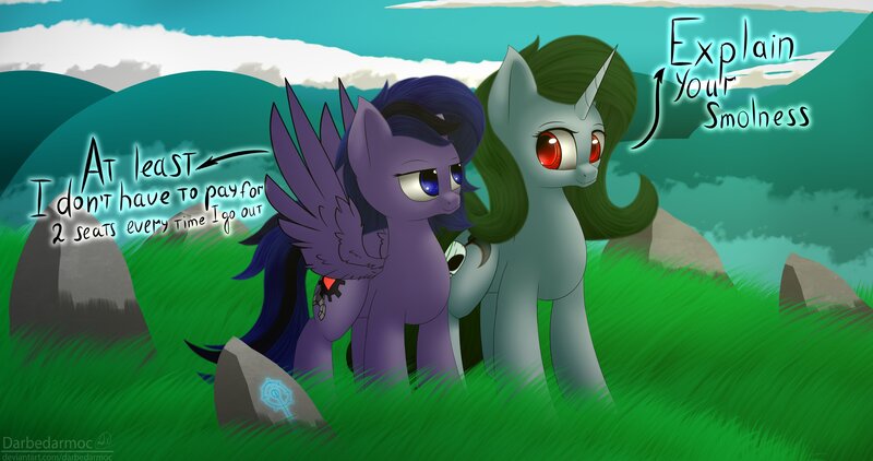 Size: 4096x2160 | Tagged: safe, artist:darbedarmoc, derpibooru import, oc, oc:luamore, oc:minerva, pegasus, unicorn, cloud, day, dialogue, fog, grass, hill, image, jpeg, meme, mountain, runes, stone, two toned mane