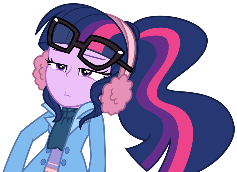 Size: 4056x2956 | Tagged: safe, artist:sketchmcreations, derpibooru import, sci-twi, twilight sparkle, equestria girls, equestria girls series, holidays unwrapped, spoiler:eqg series (season 2), blizzard or bust, clothes, coat, earmuffs, fallen, female, glasses askew, image, narrowed eyes, on the floor, png, scarf, sci-twi is not amused, simple background, solo, transparent background, unamused, vector