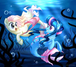 Size: 1024x898 | Tagged: safe, artist:arcadianphoenix, derpibooru import, oc, unofficial characters only, fish, seapony (g4), blue eyes, crepuscular rays, duo, female, fish tail, flowing mane, flowing tail, image, jewelry, looking at each other, necklace, not fluttershy, ocean, open mouth, pearl necklace, pink eyes, png, seashell, seaweed, smiling, sunlight, swimming, tail, underwater, water