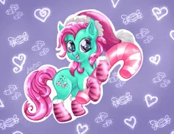 Size: 1671x1283 | Tagged: safe, artist:avui, derpibooru import, minty, earth pony, pony, candy, candy cane, christmas, clothes, cute, food, g3, holiday, image, jpeg, mintabetes, minty(g3), socks, solo