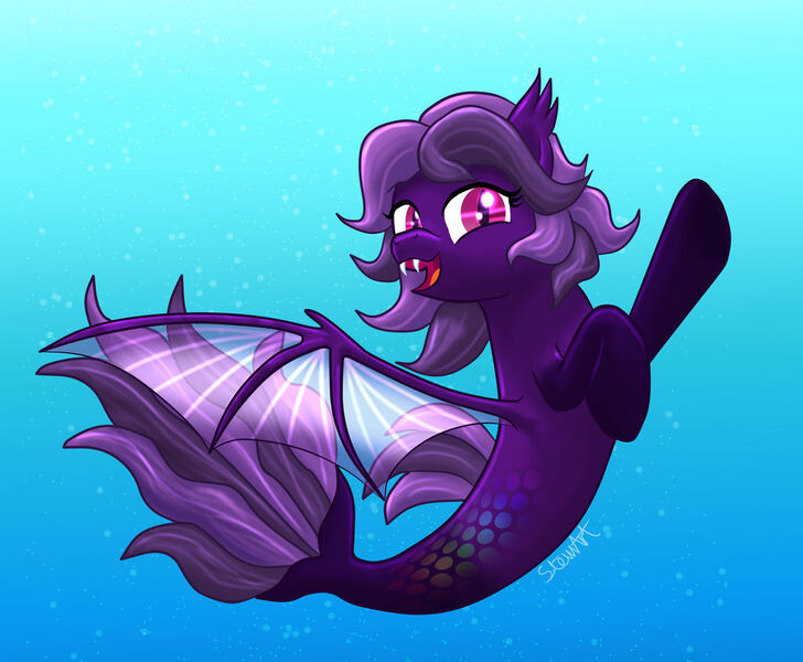 Size: 1024x844 | Tagged: safe, artist:stewart501st, derpibooru import, oc, bat pony, hybrid, seapony (g4), female, image, jpeg, looking at you, solo, underwater, water