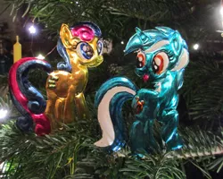 Size: 1024x819 | Tagged: safe, alternate version, artist:malte279, derpibooru import, bon bon, lyra heartstrings, sweetie drops, christmas, christmas lights, christmas tree, craft, hearth's warming eve, holiday, image, jpeg, metal foil, ornament, relief, tree