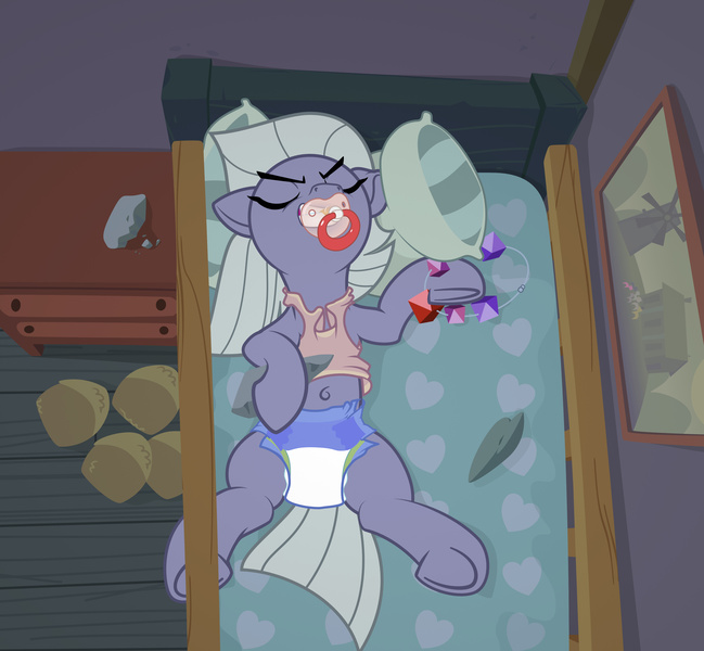 Size: 3798x3511 | Tagged: safe, artist:asdfasfasda, derpibooru import, limestone pie, earth pony, pony, adult foal, belly button, clothes, crib, diaper, diaper fetish, eyes closed, fetish, image, jpeg, lying down, nightstand, on back, pacifier, picture frame, rock, rock candy necklace, show accurate, sleeping, slippers, underhoof