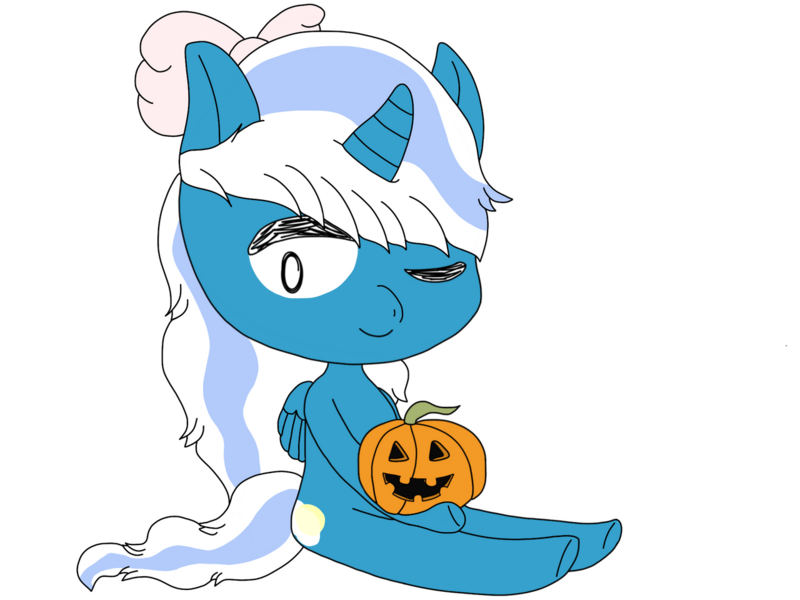 Size: 1280x960 | Tagged: safe, artist:lunarpikaa, derpibooru import, oc, oc:fleurbelle, unofficial characters only, alicorn, anthro, pony, alicorn oc, bow, female, hair bow, holding, horn, image, mare, one eye closed, png, pumpkin, simple background, solo, transparent background, wings