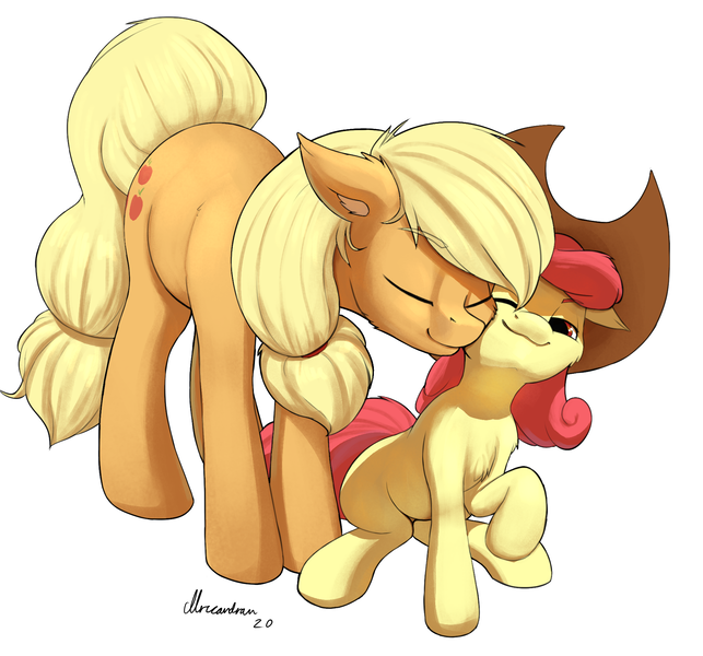 Size: 1920x1792 | Tagged: safe, artist:mricantdraw, derpibooru import, apple bloom, applejack, earth pony, pony, accessory swap, adorabloom, apple sisters, applebetes, applejack's hat, chest fluff, cowboy hat, cute, duo, ear fluff, eyes closed, female, filly, hat, image, jackabetes, mare, nuzzling, one eye closed, png, raised leg, siblings, signature, simple background, sisters, smiling, sweet dreams fuel, white background, wholesome