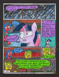 Size: 2513x3277 | Tagged: safe, artist:oatmeal155, derpibooru import, twilight sparkle, oc, oc:crimson maroon, oc:sour root, earth pony, pony, unicorn, comic:oat.meal, book, comic, dialogue, ever emerald manor, image, jpeg, library, rain, stained glass, stars, traditional art, window