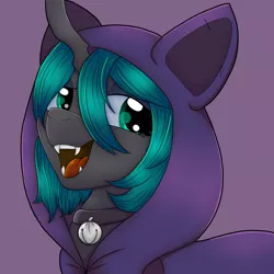 Size: 1200x1200 | Tagged: safe, artist:thatfamouspony, derpibooru import, oc, oc:ichora, changeling, bell, bell collar, cat bell, changeling oc, clothes, collar, fangs, female, hoodie, horn, image, jingle bells, looking at you, open mouth, png, purple background, simple background, solo, teeth
