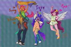 Size: 1772x1181 | Tagged: safe, artist:shacy's pagelings, derpibooru import, hitch trailblazer, izzy moonbow, pipp petals, sunny starscout, anthro, earth pony, pegasus, unicorn, armpits, badge, bag, ball, boots, braid, clothes, converse, eyes closed, female, g5, horn, horn guard, horn impalement, hornball, image, izzy's tennis ball, jacket, jpeg, male, one eye closed, open mouth, pants, shoes, shorts, signature, skirt, spread wings, tennis ball, text, wings