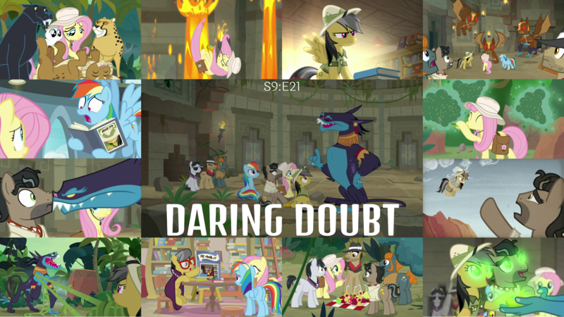 Size: 1978x1113 | Tagged: safe, derpibooru import, edit, edited screencap, editor:quoterific, screencap, a.k. yearling, ahuizotl, biff, daring do, doctor caballeron, fluttershy, mitsy, rainbow dash, rogue (character), withers, big cat, earth pony, fly, fly-der, gargoyle, hybrid, insect, jaguar (animal), pony, spider, daring doubt, bag, book, brainwashing, butt, drinking, eyes closed, falling, female, glowing eyes, henchmen, image, male, open mouth, plot, png, saddle bag, safari hat, sitting, trio, trio female