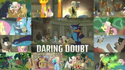 Size: 1978x1113 | Tagged: safe, derpibooru import, edit, edited screencap, editor:quoterific, screencap, a.k. yearling, ahuizotl, biff, daring do, doctor caballeron, fluttershy, mitsy, rainbow dash, rogue (character), withers, big cat, earth pony, fly, fly-der, gargoyle, hybrid, insect, jaguar (animal), pony, spider, daring doubt, bag, book, brainwashing, butt, drinking, eyes closed, falling, female, glowing eyes, henchmen, image, male, open mouth, plot, png, saddle bag, safari hat, sitting, trio, trio female