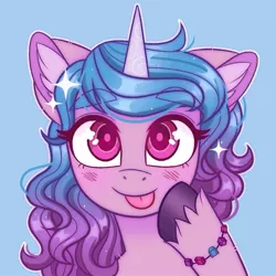 Size: 775x775 | Tagged: safe, artist:duskinova, derpibooru import, izzy moonbow, pony, unicorn, blue background, blushing, bracelet, bust, cute, ear fluff, female, g5, image, izzybetes, jewelry, jpeg, looking at you, mare, portrait, raised hoof, simple background, solo, tongue out, unshorn fetlocks