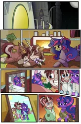 Size: 1800x2740 | Tagged: safe, artist:candyclumsy, author:bigonionbean, derpibooru import, oc, oc:king speedy hooves, oc:queen galaxia, oc:tommy the human, ponified, alicorn, human, pony, comic:the fusion flashback 2, alicorn oc, alicorn princess, alicornified, bandage, bed, canterlot, canterlot castle, clothes, comic, commissioner:bigonionbean, cuddling, cutie mark, eyes closed, family photo, father and child, father and son, female, fireplace, full moon, fusion, fusion:king speedy hooves, fusion:queen galaxia, hair bun, horn, hospital bed, hugging a pony, human oc, husband and wife, image, iv drip, male, moon, mother and child, mother and son, nuzzling, pajamas, photos, picture frame, png, pony sized pony, ponytail, race swap, royal family, royalty, shrub, sleeping, wings