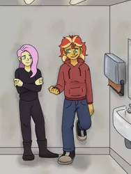Size: 3000x4000 | Tagged: safe, artist:applejackofalltrades, derpibooru import, fluttershy, sunset shimmer, fanfic:looking glass, series:who we become, equestria girls, bathroom, chat, clothes, converse, image, png, shoes, sweater, talking