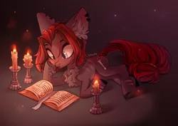 Size: 4093x2894 | Tagged: safe, artist:shore2020, derpibooru import, oc, oc:rune hymn, unofficial characters only, earth pony, pony, big ears, book, candle, ear fluff, female, image, lying down, mare, png, prone, solo