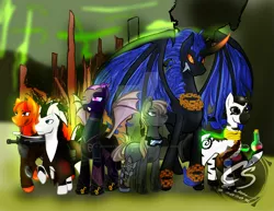 Size: 1024x792 | Tagged: safe, artist:adhiguna, artist:johnathon-matthews, derpibooru import, oc, oc:coppervain, oc:progress, oc:shadow fire, oc:shieldwing, unofficial characters only, pony, zebra, fallout equestria, amputee, battle saddle, commission, deviantart watermark, fallout, image, obtrusive watermark, png, prosthetic limb, prosthetics, watermark