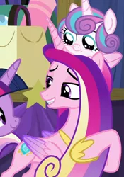 Size: 874x1249 | Tagged: safe, derpibooru import, screencap, princess cadance, princess flurry heart, twilight sparkle, alicorn, pony, road to friendship, baby, baby pony, cropped, duo focus, female, image, mare, mother and child, mother and daughter, png, pony hat, stage