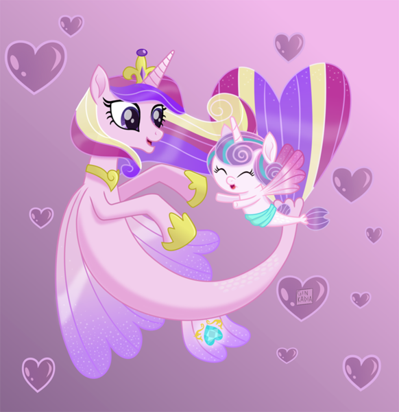 Size: 800x825 | Tagged: safe, artist:spring-heart, derpibooru import, princess cadance, princess flurry heart, alicorn, pony, seapony (g4), bubble, clothes, crown, cute, cutedance, duo, eyes closed, female, fin wings, fish tail, flowing mane, flowing tail, heart, heart bubbles, hoof shoes, horn, image, jewelry, mother and child, mother and daughter, open mouth, pink background, png, purple eyes, regalia, seaponified, seapony cadance, seapony flurry heart, see-through, simple background, smiling, species swap, swimming, tail, wings