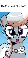 Size: 438x888 | Tagged: safe, derpibooru import, edit, idw, silver spoon, earth pony, pony, spoiler:comic, spoiler:comicff16, captain obvious, cute, dialogue, female, filly, glasses, image, looking at you, open mouth, png, silverbetes, smiling, solo, speech bubble, talking to viewer