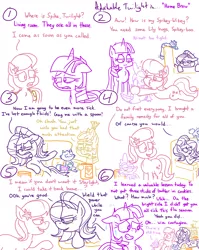 Size: 4779x6013 | Tagged: safe, artist:adorkabletwilightandfriends, derpibooru import, lily, lily valley, moondancer, spike, starlight glimmer, twilight sparkle, twilight sparkle (alicorn), oc, oc:pinenut, alicorn, cat, dragon, earth pony, pony, unicorn, comic:adorkable twilight and friends, adorkable, adorkable twilight, angry, ass up, bag, comic, competition, cute, dating, dork, family, flu, friendship, hug, humor, image, lying down, medicine, mucus, png, remedy, rivalry, romance, sad, saddle bag, sick, silly, sitting, slice of life, snot, sorry, stomach ache, tension