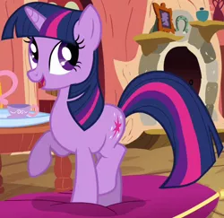Size: 540x524 | Tagged: safe, derpibooru import, screencap, twilight sparkle, pony, unicorn, spike at your service, cropped, cup, female, golden oaks library, image, library, mare, pillow, png, solo, teacup, unicorn twilight