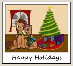 Size: 1827x1662 | Tagged: safe, artist:jackieb, derpibooru import, oc, oc:allegra mazarine, oc:red bark, unofficial characters only, bird, bird pone, earth pony, pegasus, pony, brown mane, christmas, christmas tree, closed eye, clothes, derpibooru exclusive, feathered tail, garland, gift art, green eyes, happy, holiday, hug, image, nuzzling, pair, png, present, red mane, request, secret santa, signature, sitting, snow, striped mane, sweater, text, tree, two toned wings, window, wings, wreath
