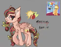 Size: 2120x1627 | Tagged: safe, artist:caramelbolt24, derpibooru import, applejack, rainbow dash, oc, earth pony, pegasus, pony, the last problem, bow, braided tail, chest fluff, cloven hooves, ear fluff, feathered fetlocks, female, flying, gray background, hair bow, hat, image, jpeg, magical lesbian spawn, mare, offspring, older, older applejack, older rainbow dash, parent:applejack, parent:rainbow dash, parents:appledash, pegasus oc, screencap reference, simple background, smiling, tail bow, wings