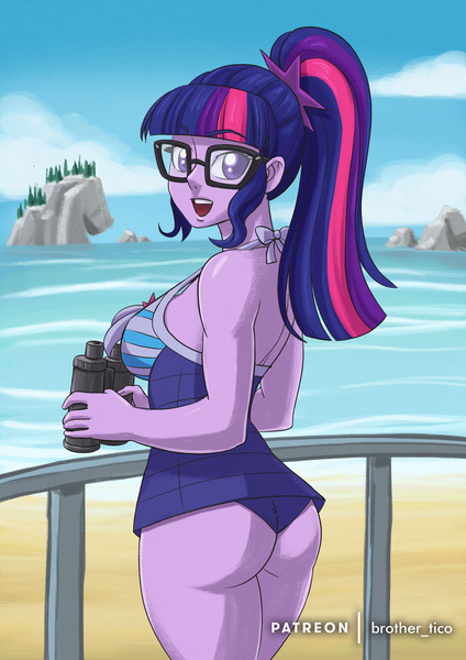 Size: 2480x3508 | Tagged: suggestive, artist:brother-tico, derpibooru import, sci-twi, twilight sparkle, equestria girls, equestria girls series, forgotten friendship, ass, beach, bedroom eyes, binoculars, breasts, busty sci-twi, busty twilight sparkle, butt, clothes, female, glasses, high res, image, jpeg, looking at you, looking back, looking back at you, looking over shoulder, ocean, pixiv, ponytail, sand, sci-twi swimsuit, sci-twibutt, sideboob, solo, solo female, swimsuit, twibutt